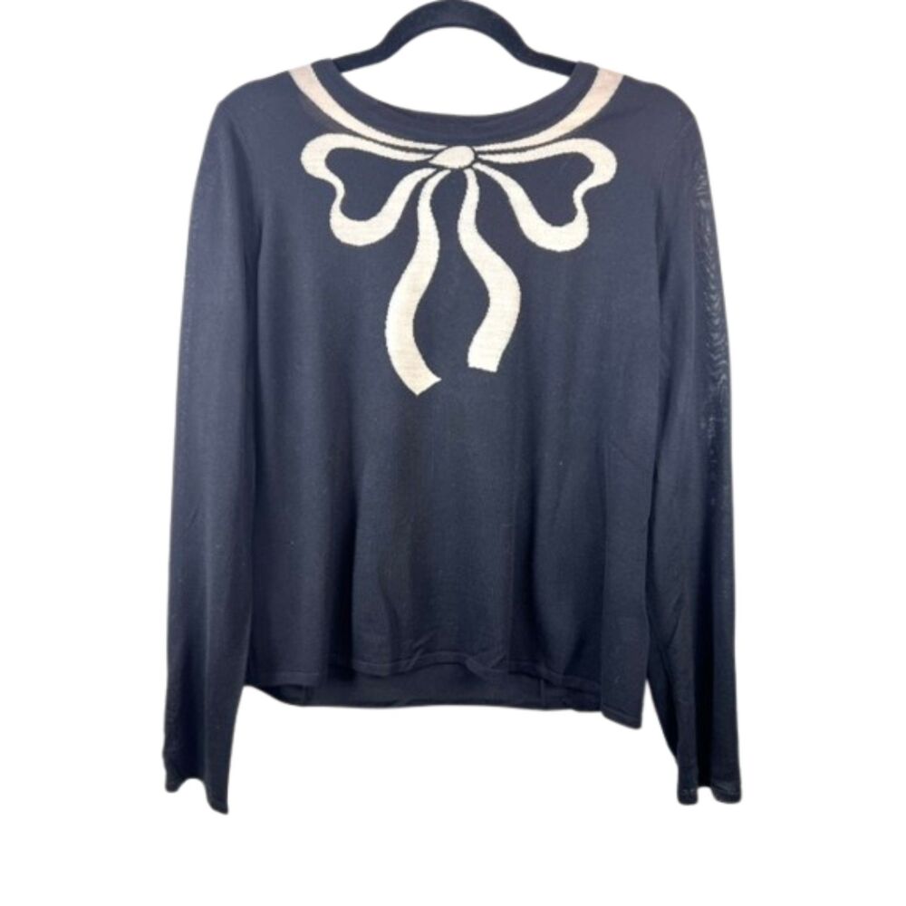 St. John Black Wool Rayon Knit Bow Long Sleeve Sweater Top M